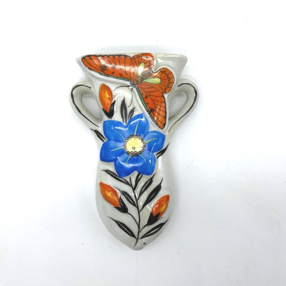 Vintage Hand Painted Japan Ceramic Wall Pocket Vase Butterfly Flower Orange Blue